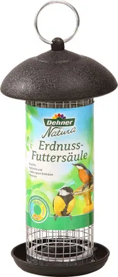Produktbild von Dehner Natura Premium Wildvogel Futtersäule, für Erdnusskerne und Rosinen, Futterstation für Wildvögel, Futterstelle wetterfest / hängend, ca. 20 x 13 x 13 cm, Metall, schwarz