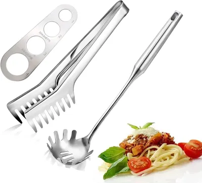 Zdjęcie produktu dla Zestaw łyżki i szczypiec do spaghetti, stal nierdzewna, 3-częściowy, do serwowania makaronu