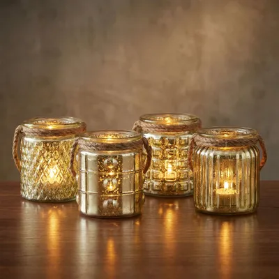 Produktbild von 4er Set Windlicht Glas Gold H10cm Gelb Teelichthalter Tischdeko Kerzen Deko Retro Kerzenhalter Flachs