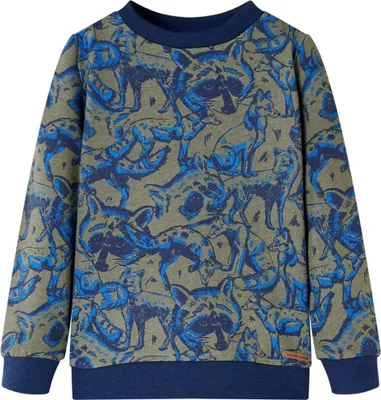 Produktbild von Kinder-Sweatshirt Khaki Größe 104 mit Waschbär und Fuchs Aufdruck, weiches Fleece-Futter, 100 % Baumwolle