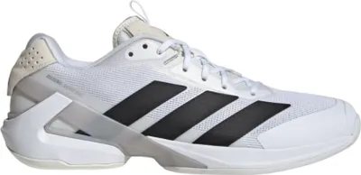 A white Adidas Adizero Ubersonic 5 tennis shoe with black stripes is shown from the side against a white background.