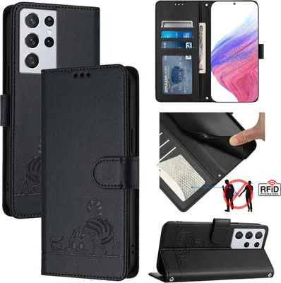 Produktbild von Leder Hülle für Samsung Galaxy S21 Ultra 5G Süße Katze Flip Case Brieftasche Schutzhülle mit Standfunktion Schwarz