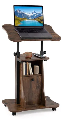 Produktbild von COSTWAY Mobiler Stehpult 55x40cm, höhenverstellbarer Rednerpult mit Rollen, neigbarer Tischplatte & offenen Fächern, Schreibpult zum Stehen/Sitzen