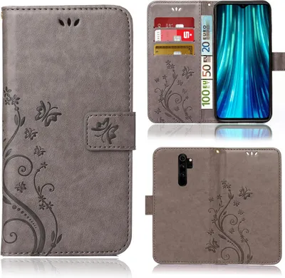 Produktbild von Handy Tasche für Xiaomi Redmi Note 8 Pro Schutz Hülle Handyhülle mit Blumenmuster Klapp Hülle mit Standfunktion und Kartenfächer Grau