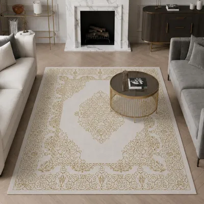 Produktbild von Teppich Creme Gold Ornament Stil modern Größe - 80 x 150 cm