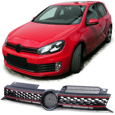 Kühlergrill Sportgrill Schwarz Glanz mit Leiste Rot für VW Golf 6 VI 08-13 – Produktansicht