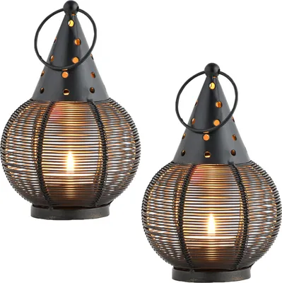 Produktbild von Marrakesch 2er Set Orientalische Deko Teelichthalter rund aus Metall 17cm groß schwarz Gold | Kerzenhalter Simta als Frühling Wohnzimmer Tisch Deko | Kerzenständer für Teelichter als Gartendeko