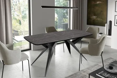 Produktbild von Ausziehbarer Esstisch Loft-Stil – Rechteckiger Tisch mit Schwarzen Metallbeinen – Industrietisch mit Abgerundeten Ecken – Platzsparend Tisch für 8-12 Personen – 180-260 cm – Marmor Schwarz