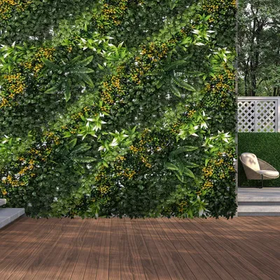 Produktbild von Künstliche Pflanzenwand 12er Set, Kunsthecke Sichtschutz, PE UV-beständig, Mehrblättrig, Grün | 50x50 cm je Panel | 3 m² Gesamt | 242 Büschel/Panel