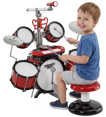 Immagine prodotto di Set Batteria per Bambini con Strumenti Musicali, Batteria Jazz con 5 Tamburi e Sgabello, Giocattolo Musicale Educativo, 77.5x40x76.5cm, Rosso