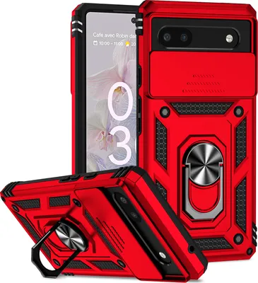 Image de Étui pour Google Pixel 6A étui double couche avec couvercle coulissant pour appareil photo et anneau de support rouge