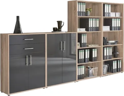 Produktbild von Aktenschrank TABOR 21 in Eiche Sonoma / anthrazit Hochglanz, Schrankwand, Büroschrank, abschließbar, Metallgriffe