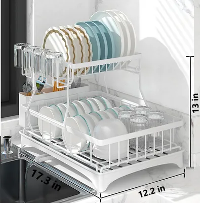 Image de (blanc) Égouttoir à 2 étages avec égouttoir, égouttoir pour comptoir de cuisine, set d'égouttage de vaisselle avec porte-ustensiles, égouttoir de grande capacité