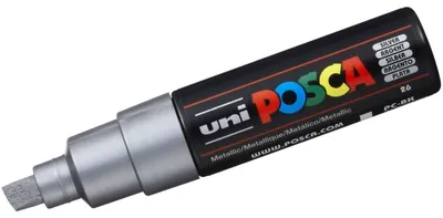 Obrázok produktu pre POSCA uni PC-8K, 1 kusov, Strieborná, Hrot dláta, Čierna, Strieborná, 8 mm, atrament s vodným základom