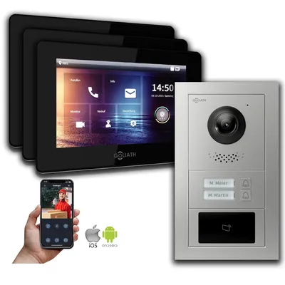 Image de Goliath 2-fils BUS Video Doorbell : 2 fam. 3 moniteurs, RFID, argent : Boîte d'encastrement : 7 pouces en noir Choix du moniteur : 7 pouces en noir Boîte de montage de la sonnette : Boîte d'encastrement