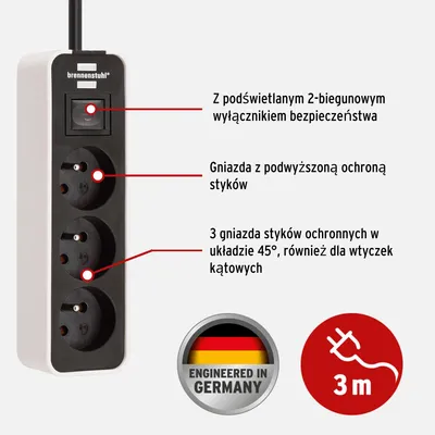 Produktbild von ecolor 3-Wege-Steckdose, Verteilerkasten mit Schalter, 3,00 m Kabel