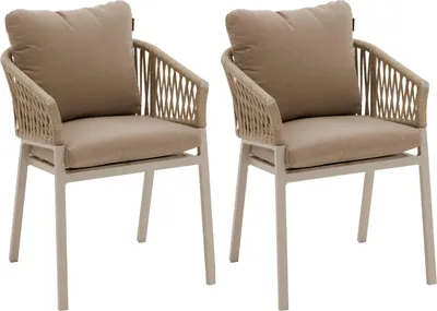 Two beige outdoor chairs with woven arms and cushions, presented against a white background.