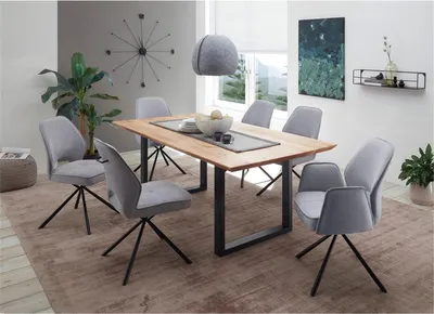 Produktbild von Esszimmer Komplett Set 7-tlg. AMSTERDAM-119 Massivholztisch Eiche mit Schweizer Kante, Polsterstühle Strukturoptik in grau