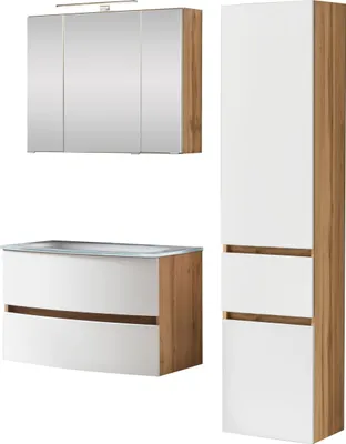 Produktbild von Waschtisch-Set Badezimmer Bad-Set "Kopenhagen V" Wotaneiche, Matt Weiß