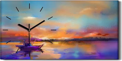 Produktbild von Leinwand Wanduhr Wandkunst Uhr 60x30 Bild Wasser Schiff Aquarell farbenfroh - schwarze Hände