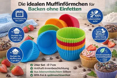 Produktbild von Oxid7 24-teiliges Silikon Muffinform Set – Wiederverwendbare Cupcake- & Muffinförmchen, Antihaft, Backform Set für Kuchen, Dessert, Brownies