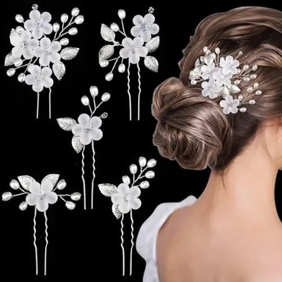 Produktbild von 5 Stück Hochzeit Haarnadeln, Blumen Perlen Braut Haarschmuck Silber Brautschmuck Haare U-förmig Hochzeit Haarspangen für Frauen Mädchen