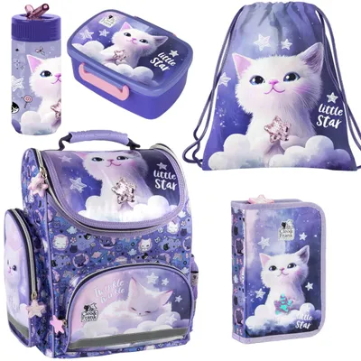 Produktbild von 5 tlg. Katze Schulranzen Set - Tornister + Brotdose + Federtasche + Trinkflasche + Turnbeutel Motiv