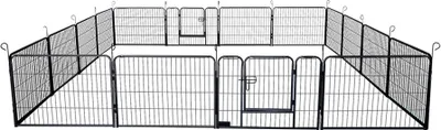 A black metal dog playpen is shown from a top-down perspective against a white background.