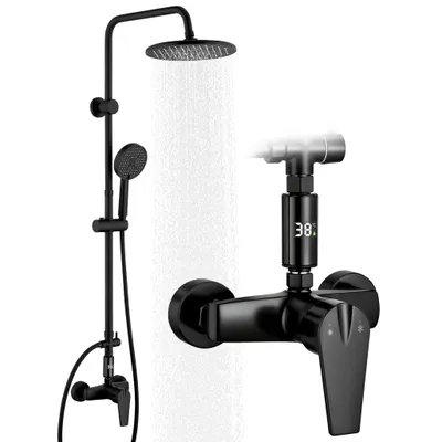 Produktbild von Homelody Duschsystem mit armatur, duscharmatur komplettset mit LED-Anzeige, regendusche mit 250MM kopfbrause und Handbrause, Schwarz