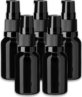 Produktbild von 5x Schwarze Glasflasche 15 ml mit Pumpe Dispenserpumpe leer für Öl Set