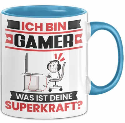 Produktbild von Gamer Tasse Geschenk für Gamer Geburtstag Lustiger Spruch Kaffee-Becher Was Ist Deine Superkraft (Blau)