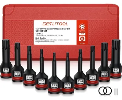 Productafbeelding van Kraft Torx bits voor slagmoersleutel, set van 10 stuks, S2-staal, maten T25-T80, 78mm, 1/2"