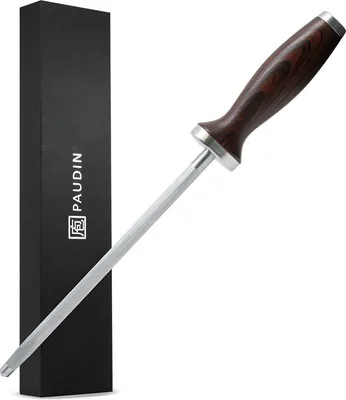 Image de PAUDIN NH1 Fusil 30 cm - Aiguiseur professionnel pour couteaux de cuisine - Fusil en acier inoxydable avec manche ergonomique en bois de pakka