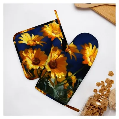 Produktbild von Ofenhandschuhe und Topflappen mit gelben Blumen, hitzebeständig, Silikon-Küchenhandschuhe, 2 Stück