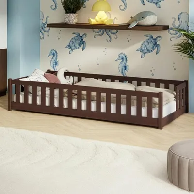 Produktbild von Kinderbett Bodenbett mit Rausfallschutz & Lattenrost Montessori Bett Bed Gitterbett Kinder Jugendbett Einzelbett | 90x190 cm | Zartbitterschokolade