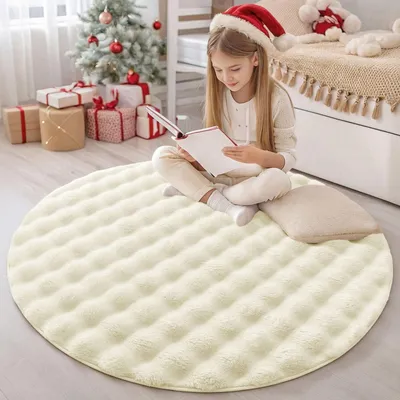 Zdjęcie produktu dla Wysokiej jakości dywan z trójwymiarowym wzorem bąbelków, o średnicy około 120 cm, w kolorze kremowym