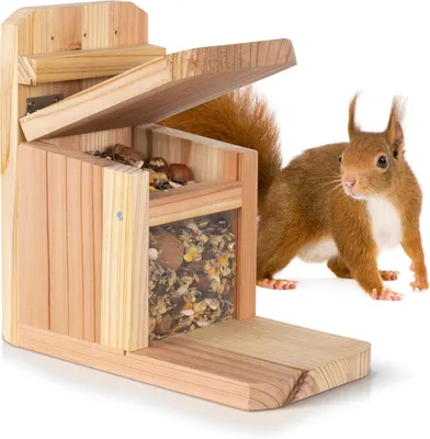 Produktbild von Futterstation für Eichhörnchen – wetterfester, hölzerner Futterspender – mit Belüftung – mit Klappmechanismus