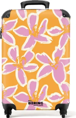 Produktbild von NoBoringSuitcases.com® Koffer Handgepäck Trolley Rollkoffer Kleine Reisekoffer mit 4 Rollen - Orange mit rosa Blüten - Cabin Size < 55x40x23 cm & 55x40x20 cm - Fotokoffer - Kabinenkoffer - BoardgepäckHandgepäck Koffer 55x35x20 cm, 36L,