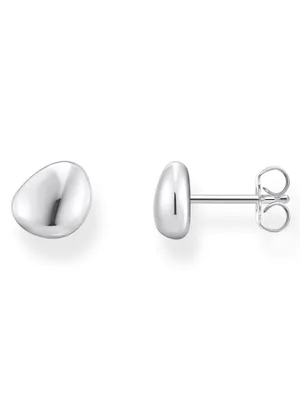 A pair of silver hoop earrings on a white background.