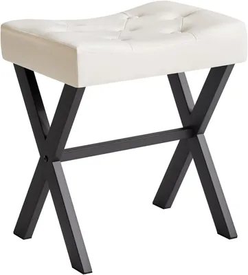 Image de Tabouret de maquillage blanc, en similicuir, à pieds en forme de "X", avec assise en forme de "U", idéal pour une chambre