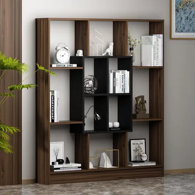 Produktbild von Homidea Mars Bücherregal - Standregal - Büroregal - Raumteiler in trendigem Design (Nussbaum/Schwarz)