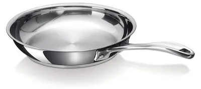 A stainless steel frying pan on a white background.