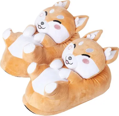 Produktbild von Corimori Süße Plüsch Hausschuhe (10+ Designs) Shiba Inu Akito Slipper Einheitsgröße 34-44 Uni Pantoffeln Beige