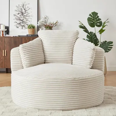Produktbild von Übergroßer runder Cord-Liegesessel mit tiefer Sitzfläche – moderner Cloud-Sessel & Relaxsessel für Wohnzimmer und Schlafzimmer, Beige