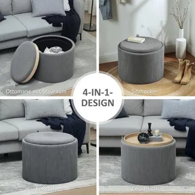 Image de Pouf rond avec espace de rangement et couvercle - Table d'appoint rembourrée, aspect velours gris