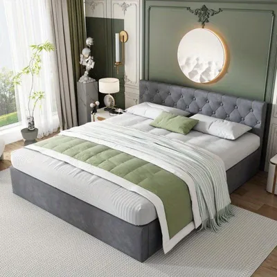 Produktbild von Doppelbett 140x200 cm - Bezogenes Bett mit hydraulischem Stauraum und Samtoptik, Grau