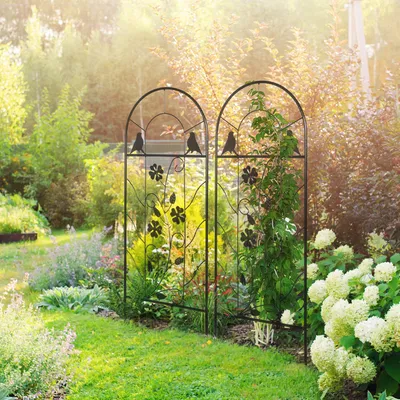 Produktbild von Metallspalier 2er-Set, Rankhilfe mit Vogel- & Kleeblatt-Verzierung, Gartenspalier Eisen, Schwarz | 38 x 98 cm | pulverbeschichtet, rostfrei