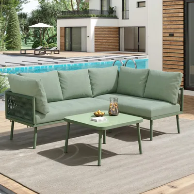 Image de Ensemble de mobilier de terrasse 3 pièces, ensemble de salon de jardin en corde en forme de L avec coussins d'assise, ensemble de salon de terrasse en fer pour terrasses, balcons, jardins, etc.