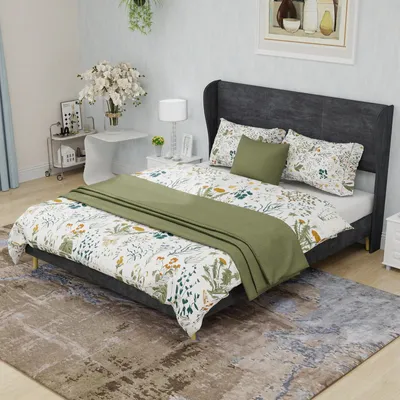 Obrázek produktu pro okwish Polstrovaná postel 140x200 Juniorská postel s nízkým rámem a odolnými nohami, Manželská postel s měkkým čelem, bez matrace, Šedá