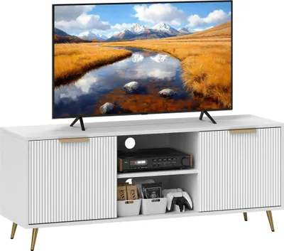 Obrázek produktu pro TV dolní skříňka - TV skříňka - Dvě otevřené přihrádky - Rozměry 120x35x48 cm - Moderní styl - Do obývacího pokoje - Bílá barva